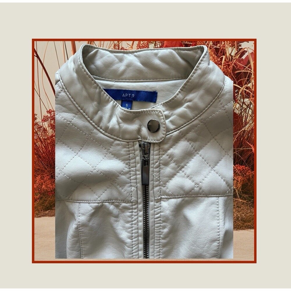 Apt. 9 Women’s Faux-Leather Jacket Cream Zip Front Quilted Shoulder Lined Size S - Picture 3 of 10